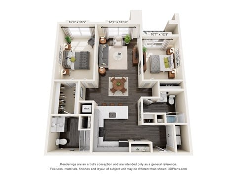 Floor plan for 2 beds, 2 baths, 1094 sqft